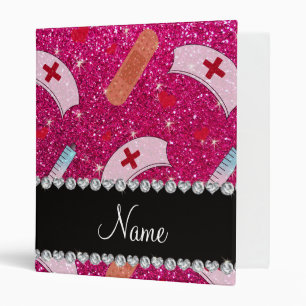Custom name neon hot pink glitter nurse hats heart binder