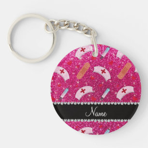 Custom name neon hot pink glitter nurse hats heart keychain