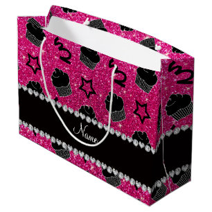 Custom name neon hot pink glitter stars cupcakes large gift bag