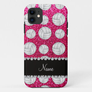 Custom name neon hot pink glitter volleyballs iPhone 11 case