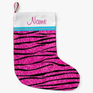 Custom name neon hot pink glitter zebra blue strip small christmas stocking