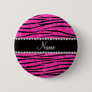 Custom name neon hot pink glitter zebra diamonds 2 inch round button