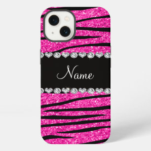 Custom name neon hot pink glitter zebra diamonds iPhone 13 case