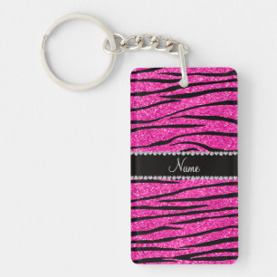 Custom name neon hot pink glitter zebra diamonds keychain