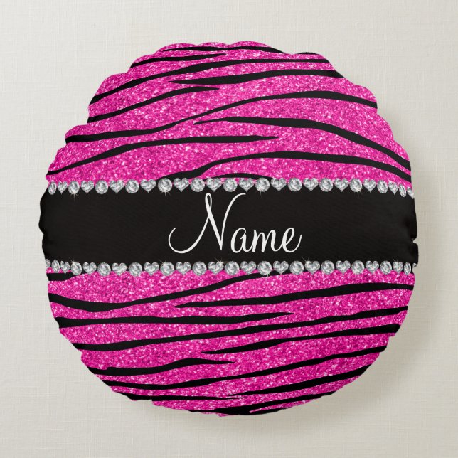 Custom name neon hot pink glitter zebra diamonds round pillow (Front)