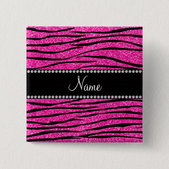 Custom name neon hot pink glitter zebra stripes 2 inch square button (Front)