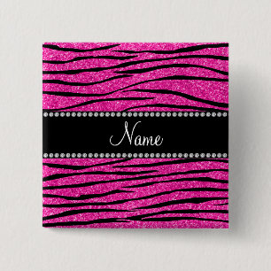 Custom name neon hot pink glitter zebra stripes 2 inch square button