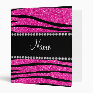 Custom name neon hot pink glitter zebra stripes binder