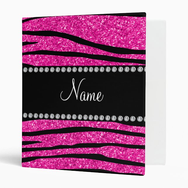 Custom name neon hot pink glitter zebra stripes binder (Front/Inside)