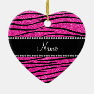 Custom name neon hot pink glitter zebra stripes ceramic ornament