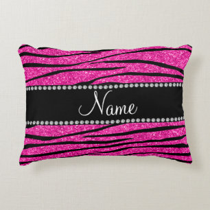 Custom name neon hot pink glitter zebra stripes decorative pillow