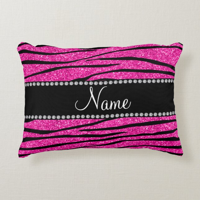 Custom name neon hot pink glitter zebra stripes decorative pillow (Front)