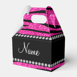 Custom name neon hot pink glitter zebra stripes favor box
