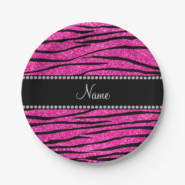 Custom name neon hot pink glitter zebra stripes paper plate (Front)
