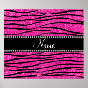Custom name neon hot pink glitter zebra stripes poster