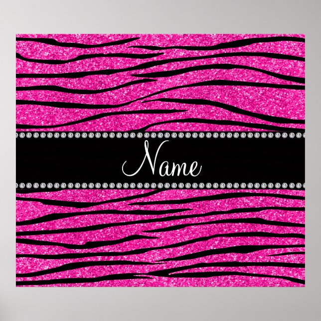 Custom name neon hot pink glitter zebra stripes poster (Front)
