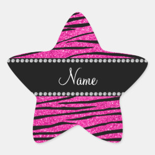 Custom name neon hot pink glitter zebra stripes star sticker