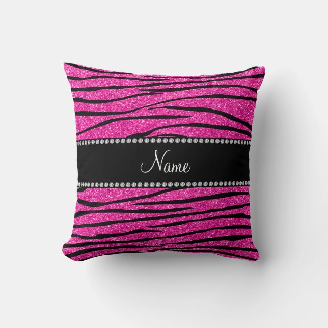 Custom name neon hot pink glitter zebra stripes throw pillow (Front)