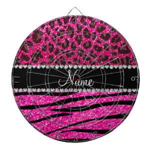 Custom name neon hot pink zebra stripes leopard dartboard