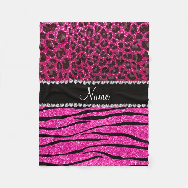 Custom name neon hot pink zebra stripes leopard fleece blanket (Front)