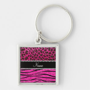 Custom name neon hot pink zebra stripes leopard keychain