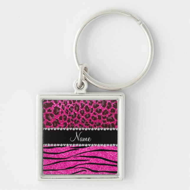 Custom name neon hot pink zebra stripes leopard keychain (Front)