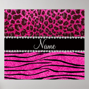 Custom name neon hot pink zebra stripes leopard poster