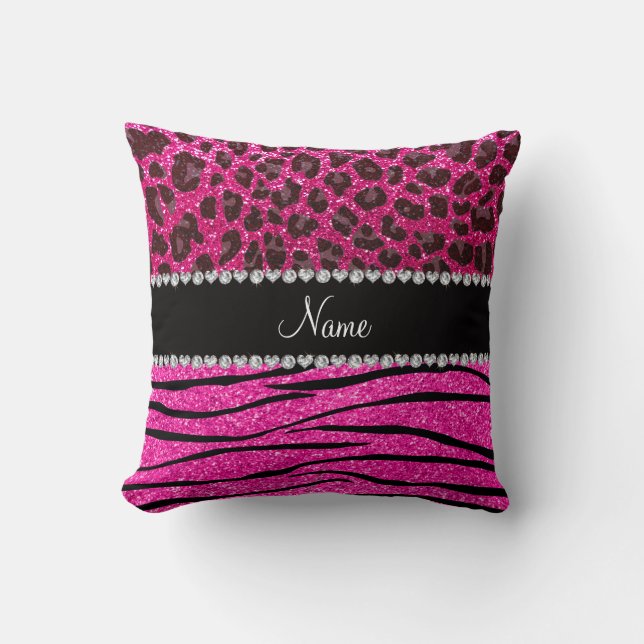 Custom name neon hot pink zebra stripes leopard throw pillow (Front)