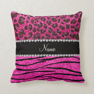 Custom name neon hot pink zebra stripes leopard throw pillow