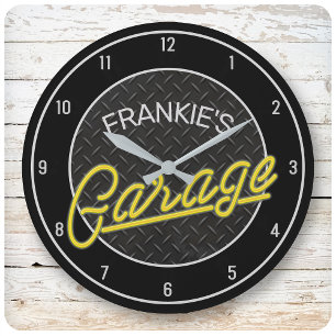 Custom NAME Neon Look Diamond Plate Garage Tools Large Clock