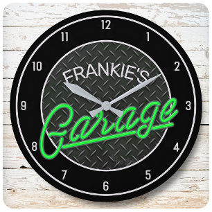 Custom NAME Neon Look Diamond Plate Garage Tools Large Clock