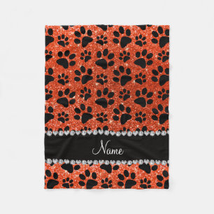 Custom name neon orange glitter black dog paws fleece blanket