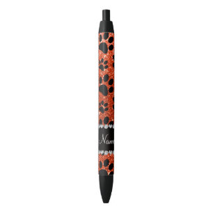 Custom name neon orange glitter black dog paws ink pen