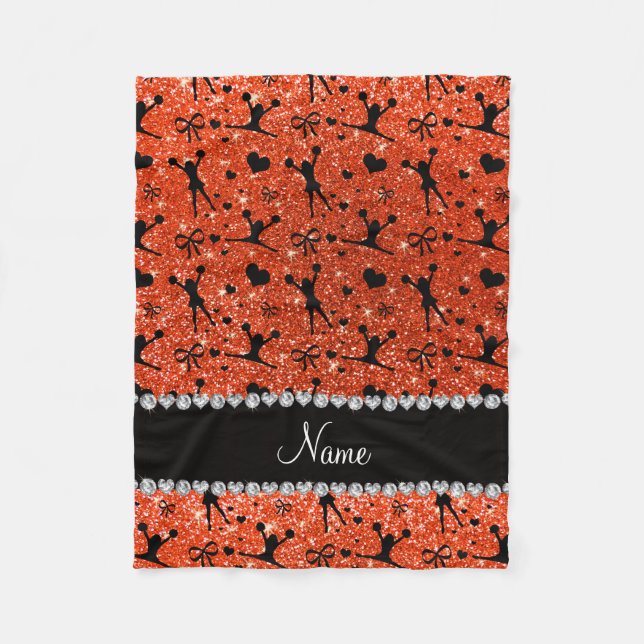 Custom name neon orange glitter cheerleading fleece blanket (Front)