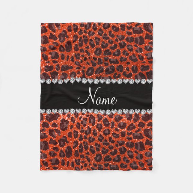 Custom name neon orange glitter leopard print fleece blanket (Front)