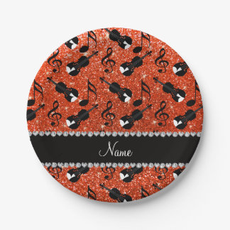 Custom name neon orange glitter violins music not paper plate