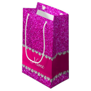 Custom name neon pink glitter hot pink stripe small gift bag