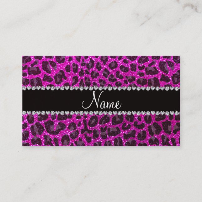 Custom name neon pink glitter leopard print calling card (Front)