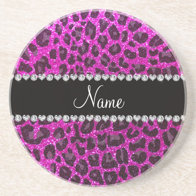 Custom name neon pink glitter leopard print coaster (Front)