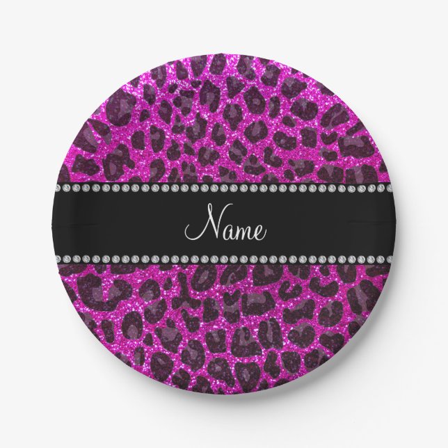 Custom name neon pink glitter leopard print paper plate (Front)