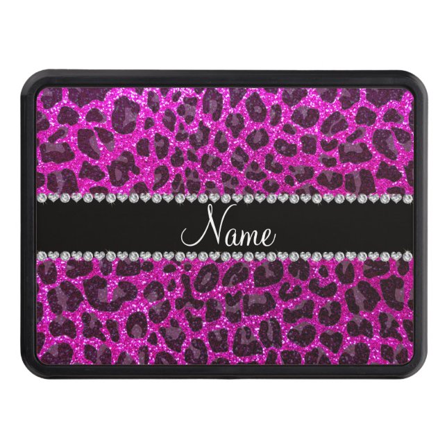 Custom name neon pink glitter leopard print trailer hitch cover (Front)