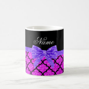 Custom name neon pink glitter moroccan purple bow coffee mug