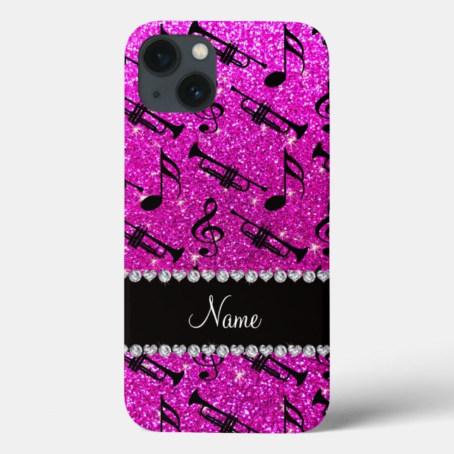 Custom name neon pink glitter trumpets music notes Case-Mate iPhone case (Back)