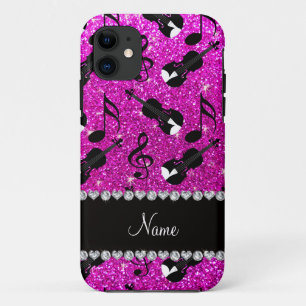 Custom name neon pink glitter violins music notes iPhone 11 case