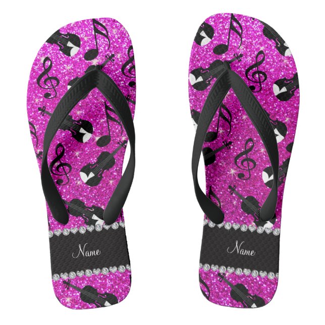 Custom name neon pink glitter violins music notes flip flops (Footbed)