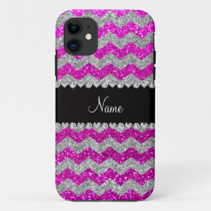 Custom name neon pink silver glitter chevrons iPhone 11 case