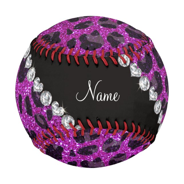 Custom name neon purple glitter leopard print baseball (Front)