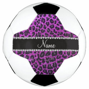 Custom name neon purple glitter leopard print soccer ball