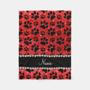 Custom name neon red glitter black dog paws fleece blanket
