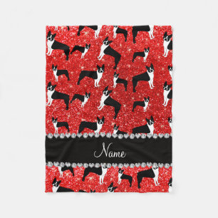 Custom name neon red glitter boston terrier fleece blanket
